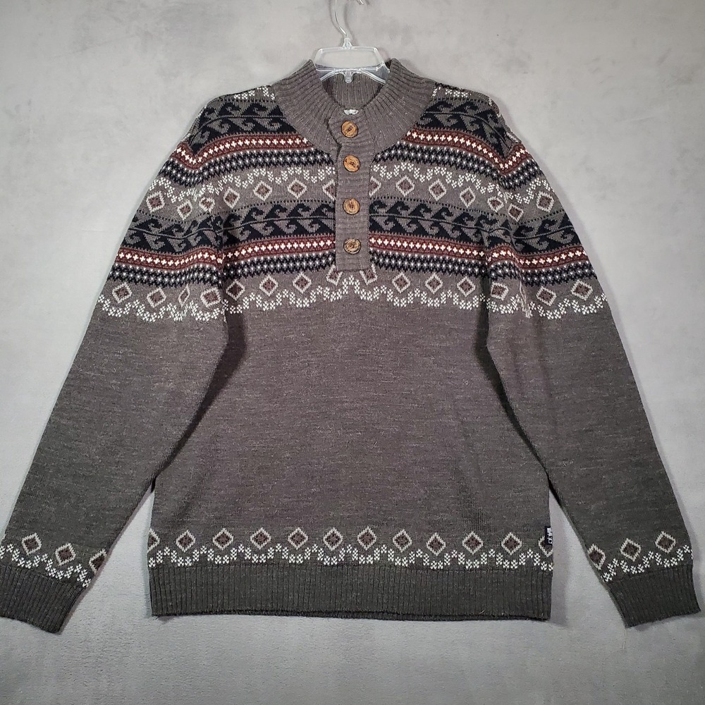 I‎ Jeans by Buffalo Sweater Mens XXL Gray Fair Isle Henley Wool Blend Gorpcore